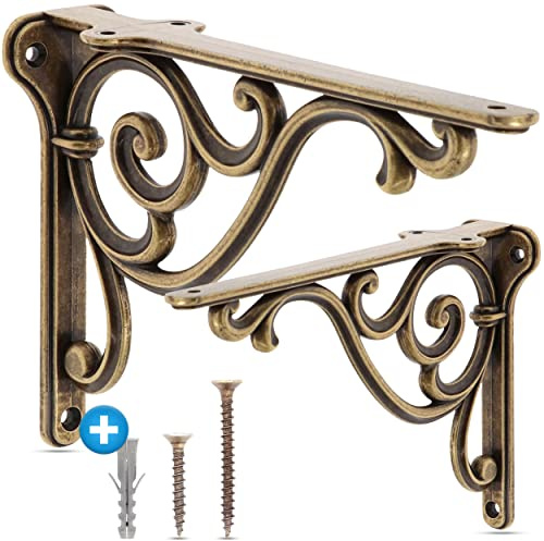UTiLE CB 2er Set Regalhalterung Bronze Vintage – Dekorative Regalwinkel & Regalträger im Landhaus- & Barockstil – Metall Wandkonsole für Regalbretter – 30 kg Tragkraft