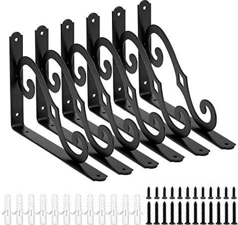 Cherbowing Lot de 6 supports d'étagère décoratifs 250 x 200 mm - Équerre de charge lourde - Noir - Métal - Angle de 90° avec vis