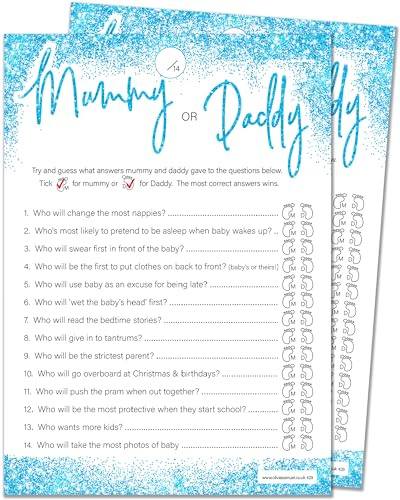 20 x Mama oder Papa Babyparty-Spiel – Jungen blauer Glitzereffekt (20 Gästekarten + 1 Karte mit Antworten für den Gastgeber + Gewinnerzertifikat)