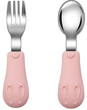 Jmbabe Toddler Fork and Spoon, Stainless Steel Baby Utensils Cutlery Set, Stainless Steel Self Feeding Spoon and Fork, Children Flatware Weaning and Learning to Use