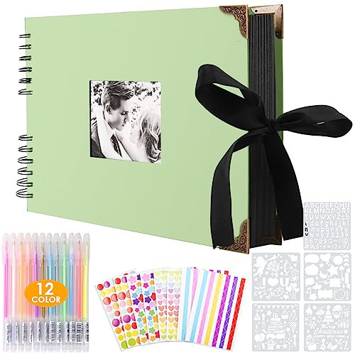 Album Fotografico Personalizzabile per Scrapbooking a Spirale, 80 Pagine Nere, Album Foto Fai da Te, 2 Angoli per Foto, 6 Adesivi, 5 Stencil, 12 Pennarelli Colorati, per Anniversario di Matrimonio