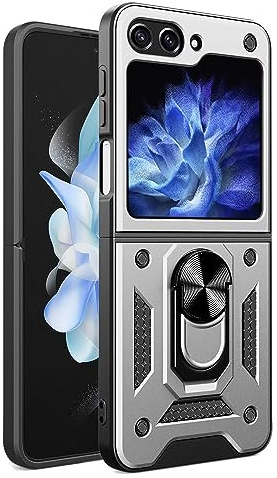 RankOne La Funda para Teléfono Samsung Galaxy Z Flip5 / Samsung Galaxy Flip 5 2023 (6.7 Inches) PC Anello Armor Push Window Anti Drop Carcasa - Plata