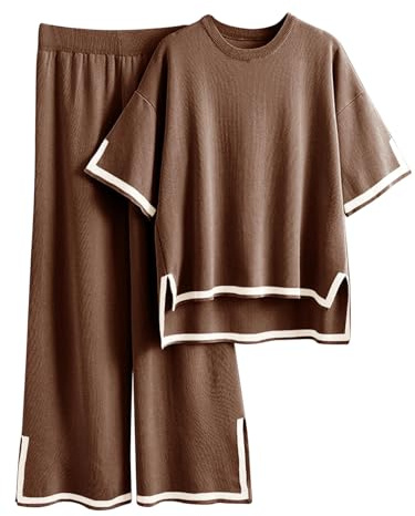 Famulily Women Tracksuits Crew Neck Color Blocked Knit Pullover Tops with High Waisted Wide Leg Pants Side Split Hem S-XL