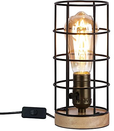 BRILUCE Industrielle Tischlampe mit Metallkäfig Kleine Schreibtischlampen Holzständer für Schlafzimmer Nachttisch Leseleuchten E27 Schwarz Vintage Beleuchtung Stecker in Kabel Wohnzimmer, Studio