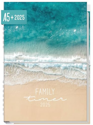 Häfft® Family-Timer 2025 A5+ Summer Beach Familien-Kalender für 4 Personen, Familien-Planer 12 Monate: Jan bis Dez 25 - nachhaltig & klimafreundlich