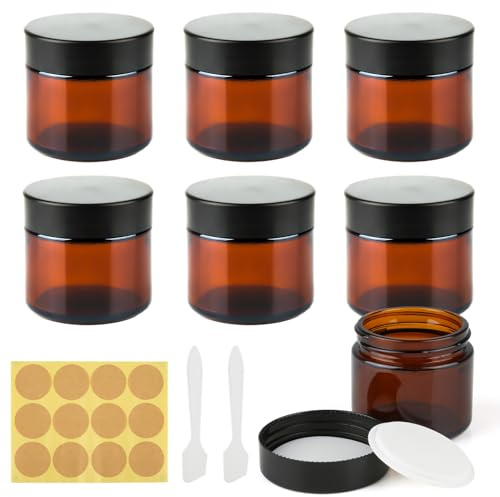 RVLZKCPG 6 Stück Amber Glas Leerdose, 60ml Cremedosen zum Befüllen, Salbentiegel mit Schwarzen Deckeln, Glastiegel Nachfüllbare Reisetöpfe für Kosmetik, Cremes, Lotionen, ätherische, Öle