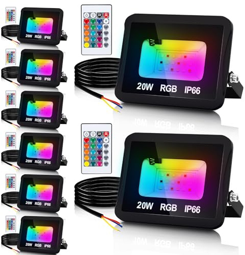 Yakimz 20W RGB LED Proyector con mando a distancia, 8PCS Regulable reflector al aire libre, RGB Foco, cambio de color de iluminación Foco reflector para Halloween Jardín Fiesta Patio trasero