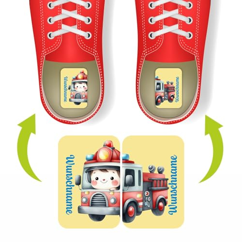 Namensaufkleber Set für Schuhe - individuell personalisierte Etiketten mit Wunschname -links rechts Aufkleber - Kinder Aufkleber mit Wunschtext für Schuhe (Feuerwehrmann)