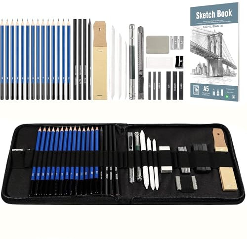 KOMLISATS 35 Pieces Pro Drawing Kit Sketching Pencils Set,Charcoal Pencils, Sketch Pencils, Charcoal Stick,Sharpener,Eraser.Art Supplies for Artists Beginner Adults Teens