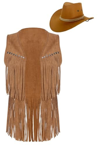 Jugaoge Damen Western Cowgirl Kostüm Wildleder Weste mit Fransen Cowboy Hut Retro Hippie Cosplay Motto Party Outfits Braun M