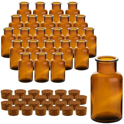 gouveo 24er Set Gewürzgläser 250 ml Antik rund mit Korken - Braune Korkengläser mit Korkverschluss - Leere Vorratsgläser für Kräuter, Gewürze (CBA250PK)