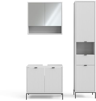 Vicco Badmöbel-Set Eliza, Weiß, 70 cm | besteht aus Waschbeckenunterschrank, Spiegelschrank und Hochschrank