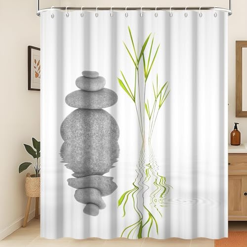 Xiaoterna Spa Garden Shower Curtain Zen Stone Shower Curtain Zen Spa Peace Meditation Shower Curtain Japanese Spa Stones Grass Water Shower Curtain Machine Washable Waterproof Fabric 120x180cm