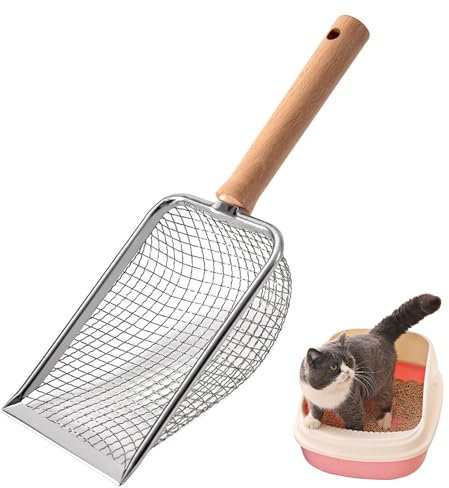 Hshenjhu Katzenklo Schaufel, Edelstahl Katzenstreuschaufel, Katzenstreu Schaufel mit Holzgriff, Metall Katzenstreu Schaufel 5mm Lochabstand, Geeignet für Alle Arten von Katzenstreu (27,3 x 10 x 5 cm)