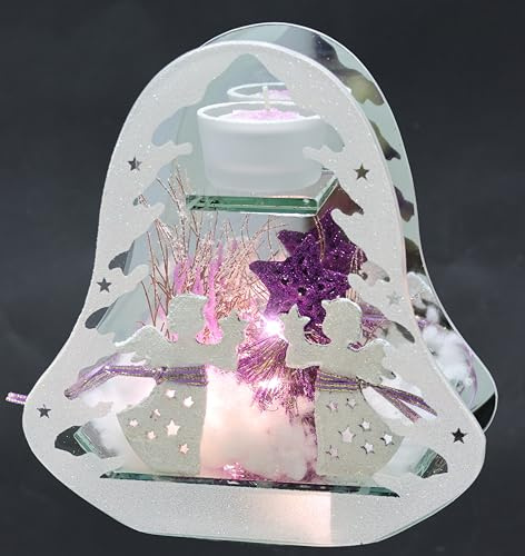 Teelichthalter aus Glas mit LED Licht und Teelichtkerze mit Tannenzweige Engel Stern Kunstschnee Weihnachtsdeko Geschenk Dekoriert Lampe Kerzenhalter Dekoration Glas Tischdeko Dekoobjekt 3D Bild