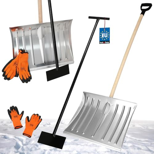 KOTARBAU® Set Schneeschaufel mit Holzstiel 137 cm Eisschaber 119 x 20 cm + Handschuhe warm Schneeschieber Aluminium Schneeschaufel Auto Stoßscharre mit Stiel Schaufel mit Stiel