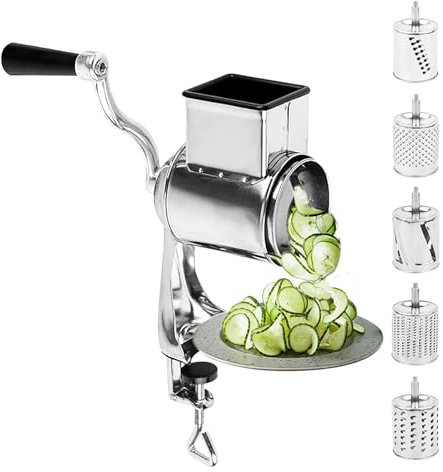 Rallador, Rallador de Queso Con Manivela Cortador de Verduras Con 5 Cuchillas de Tambor Intercambiables de Acero Inoxidable Rallador Cocina Rallador de Tambor Manual de Corte Rápido