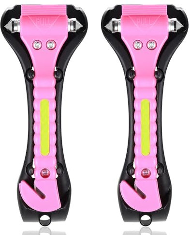 2 Piezas Martillo de Emergencia para Coche, Incluye Cortacinturones de Seguridad y Rompeventanas, Ideal para Automóviles, Autobuses y Camiones, Accesorios de Coche (Rosa)