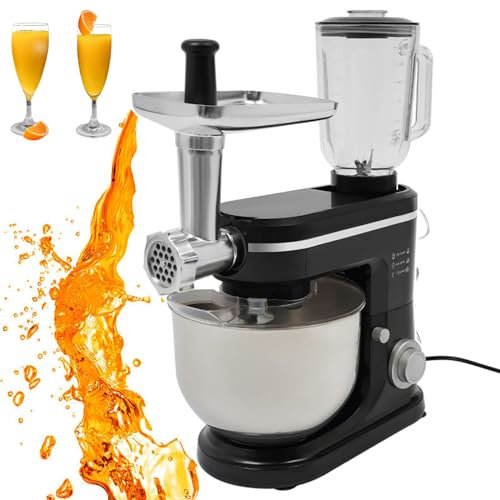 WOTZOV Licuadora y picadora de Carne de 1500 W, Jarra mezcladora, Gancho para Masa, batidor y Protector contra Salpicaduras, batidora eléctrica de Alimentos con Recipiente de Acero inoxi，Negro