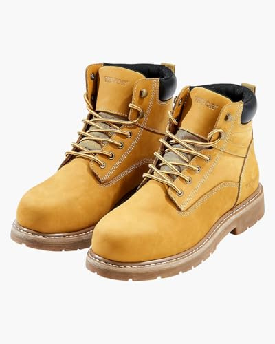 VEVOR Botas de Trabajo, Talla 11 EE. UU., con Punta Acero Impermeable, Antideslizante, Transpirable con Suela de Goma Ligera para Industria de Construcción, Amarillo Parduzco, 323 x 121 x 195 mm