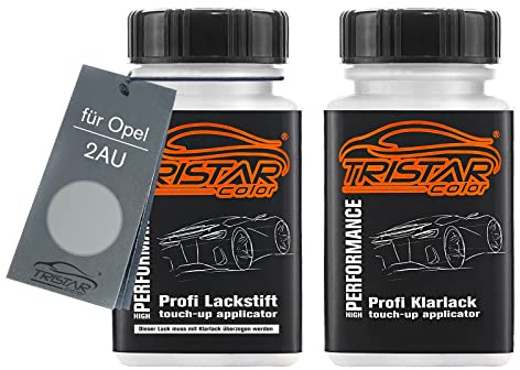TRISTARcolor Autolack Lackstift für Opel 2AU Starsilber III Metallic +1K | Star Silver III Metallic, Set aus Basislack + Klarlack, Lackfläschchen mit Pinsel, je 50ml
