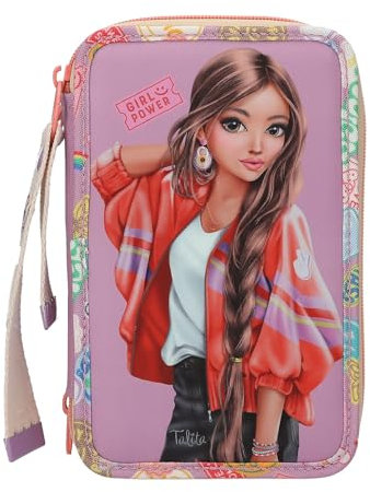Depesche 13283 TOPModel Girl Power - Gefüllte 3-Fach Federtasche in Lila, mit Model Motiv und bunten Batches, Federmappe mit Buntstiften, Schere, Lineal uvm.