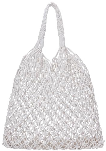 WEBEEDY Weißer Makramee Strohstrandtasche Für Damen Handgefertigte Strohtasche Strand Tasche Für Reisen Täglicher Gebrauch Geschenk Für Geburtstag Urlaub Hochzeit 36x38 cm Körper