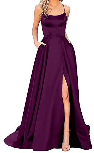 Damen Elegant Lange Abendkleider mit Taschen Satin A-Linie Backless Ballkleider Abschlusskleid Sexy Neckholder Brautjungfer Kleid