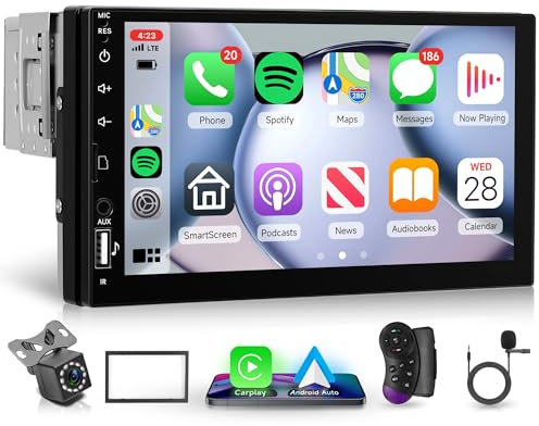 Rimoody Wireless Carplay Autoradio 1 Din mit Wireless Android Auto IOS/Android Mirror Link Bluetooth 7 Zoll Touchscreen Autoradio Single Din mit FM Radio USB/EQ/AUX Lenkradsteuerung Rückfahrkamera