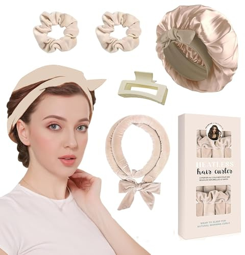 Neu Locken Ohne Hitze, Samt Lockenwickler Über Nacht mit Schlafmütze, Hair Curler DIY Haare Lockenband Frisurenset, Lockenwickler Über Nacht, Heatless Curls Band für Langes Mittleres Haar（Khaki）