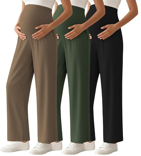 Ecavus 3-Pack Women's Maternity Pants Over Belly Soft Lounge Palazzo Pants Stretch Wide Leg Pregnancy Trousers with Pockets