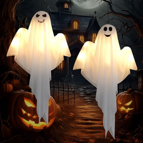 Halloween Deko Geist Hängende Geister 2 Stück Halloween Deko Outdoor Leuchtende Gruselige Windsack Indoor Hängende Garten für Innen Außen Bäume Terrasse Garten