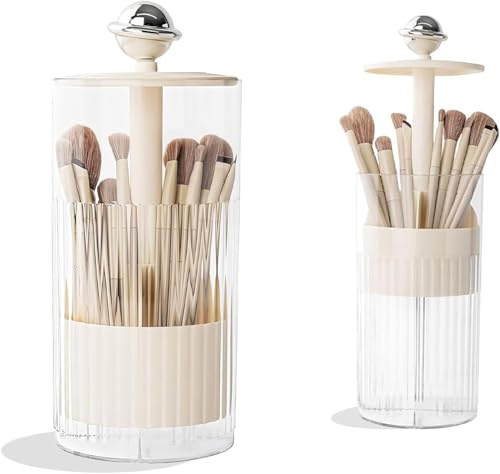 Leopacat Organizador Porta Brochas de Maquillaje,Makeup Organizer Press Pop | con Tapa Antipolvo y 4 Ranuras,Contenedor Versátil para Cosméticos para Tocador de Baño,Encimera 10,5 x 10,5 x 25 cm