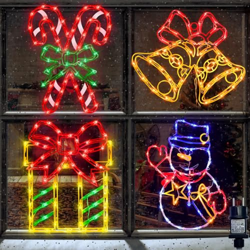 41cm Weihnachtsbeleuchtung Fenster - 4 Stück farbig beleuchtet Geschenkbox & Schneemann & Zuckerstange & Glocke Für Innen- und Außendekoration an Wänden, Türen und Fenstern in der Weihnachtszeit