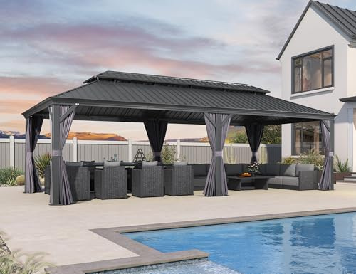 PURPLE LEAF Tonnelle de Jardin Exterieur 8,5 x 4,25 m Pergola Alu, Gris | Imperméable, Gouttière intégrée, Charge neige : 1134 kg, Rideaux et moustiquaire 260 g/m², Pour 10 à 12 personnes, Tonnelle