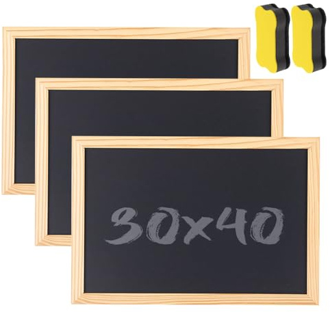 ZOYDP Lot de 3 tableaux noirs avec cadre en bois - 30 x 40 cm - Format A4 - Pour écrire - Avec 2 éponges - Petit tableau noir pour mariage, mémo, fête, école, peinture