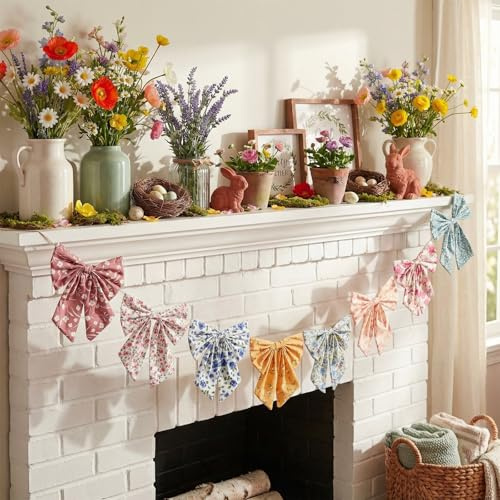 SmoothNovelty 8.2ft Spring Floral Bow Garland Banner Boho Flower Bow Garland Spring Party Decoration Summer Rustic Farmhouse Velvet Hanging Banner for Mantel Window Birthday Wedding Decor