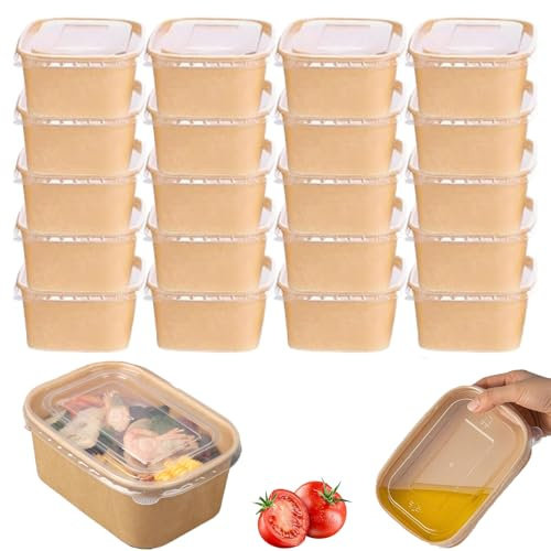 20 Stück Kraftpapier Schale mit Deckel 500ml, Take Away Kraftpapier Box | Wasser und Ölbeständige Essboxen, Wiederverwendbare, für Take-Away, Reisen und Arbeitsessen, Mikrowellen- und gefrierfest