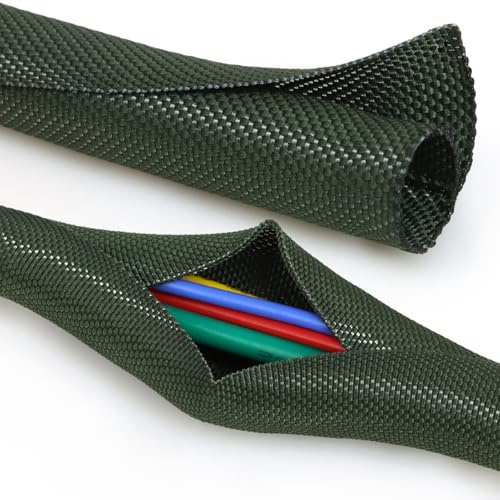 YOUBO Split Braided Cable Sleeve，Flexible Wire Loom Tubing, Automotive Cord Protector Pet Proof, Cable Management for Computer TV Electric Wires Harness 16ft (Dark Green, 8mm（5/16)