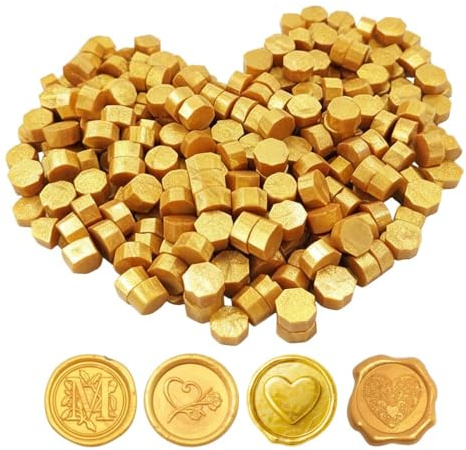 OIUAVYR 100 Stück Siegelwachs Perlen,Siegellack Perlen,Wachssiegel Stempel, Siegelwachs Perlen Set, Wachs Achteckig, Für Geschenkverpackungen, Karten, Einladungen, Umschläge, Gold