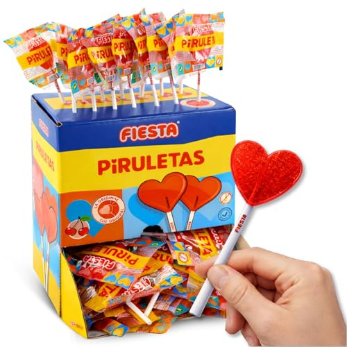 Caramelo con Palo Sabor cereza, Piruleta en Forma de Corazón, Apto para veganos, sin gluten, sin huevo y sin lactosa es completamente apto para celíacos, Contiene 1 caja con 80 unidades