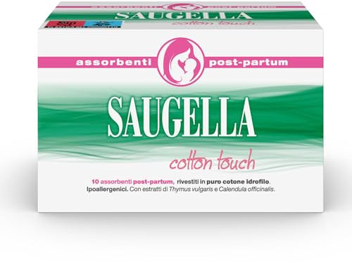 Saugella Cotton Touch Post Parto, 10 Assorbenti Cotone Post Parto, Senza Strato Adesivo, Azione Antibatterica, Lenitiva