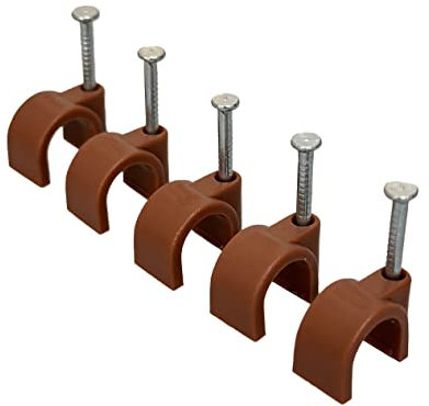 Grapas de cable redondas marrones de 14 mm con clavos de fijación. Paquetes de 50