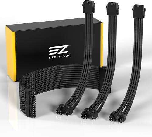 EZDIY-FAB PSU Cable Extension Sleeved Custom Cable for PC Power Supply,Soft Nylon Braided with Comb Kit 24PIN/8PIN to 6+2Pin/ 8PIN to 4+4PIN-30CM 300MM - Black