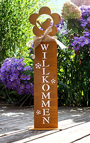 Rostsäule Roststeele WILLKOMMEN 58cm Groß Rost Rostdeko Vogel Gartendeko zum hinstellen/draußen Wetterfest (Braun)