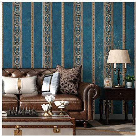 JLWM Carta Da Parati Barocco Americano 3D Sollievo Tnt Tessuto Non Tessuto Pastorale Stile Europeo Lusso Vintage-Blu A-0.53x10m
