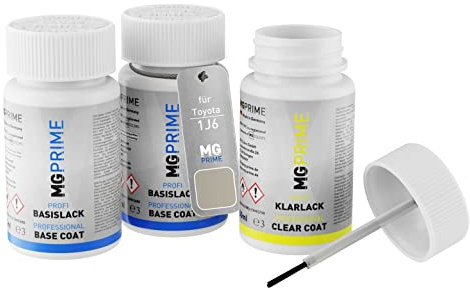 MG PRIME Autolack Lackstifte für Toyota 1J6 Precious Silver + Klarlack | Cosmic-Silber Metallic, Set aus Grundlack + Basislack + Klarlack, Lackfläschchen mit Pinsel, je 50ml