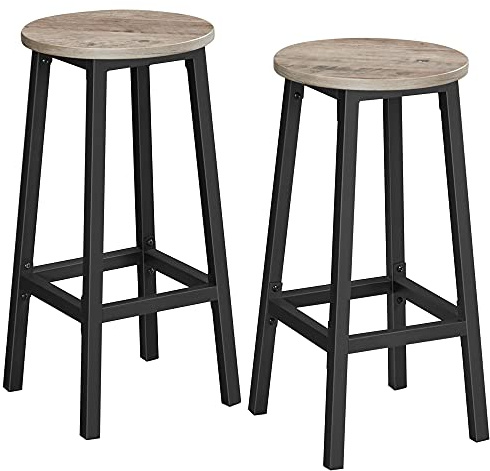 VASAGLE Taburete de Bar, Juego de 2, Sillas de Bar, Sillas de Cocina con Marco de Metal, Altura 65 cm, con Reposapiés, para Cocina, Salón, Comedor, Greige Mélange y Negro Tinta LBC032B02
