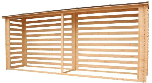 TIMBELA Holz Kaminholzregal M203 - Brennholzregal B450xL112xH199 cm/ 4m2 Holzhalter für Garten - Fahrrad Schuppen - Wasserfestes Dach