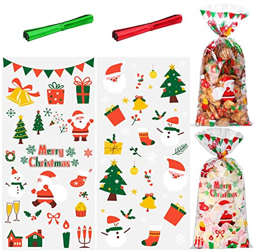 BBLIKE 100 Cellophantüten Klar Süßigkeiten Tüten 27x13cm Candy Bar Tüten Bonbon Tüten Plätzchentüten mit 100 Bindebänder Zellophantüten transparent kekstüten für Schokolade Bonbons Kekse(Weihnachts)
